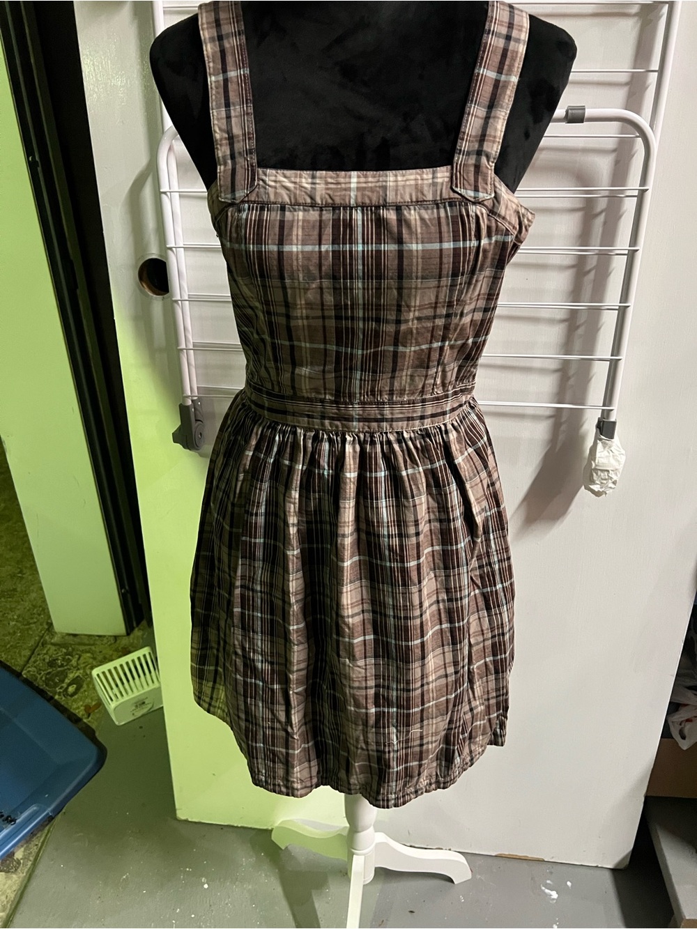 VOLCOM Plaid Sleeveless Square-Neck Dress in Brown